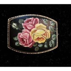 Antique Hand Painted Roses Brooch 985 Silver